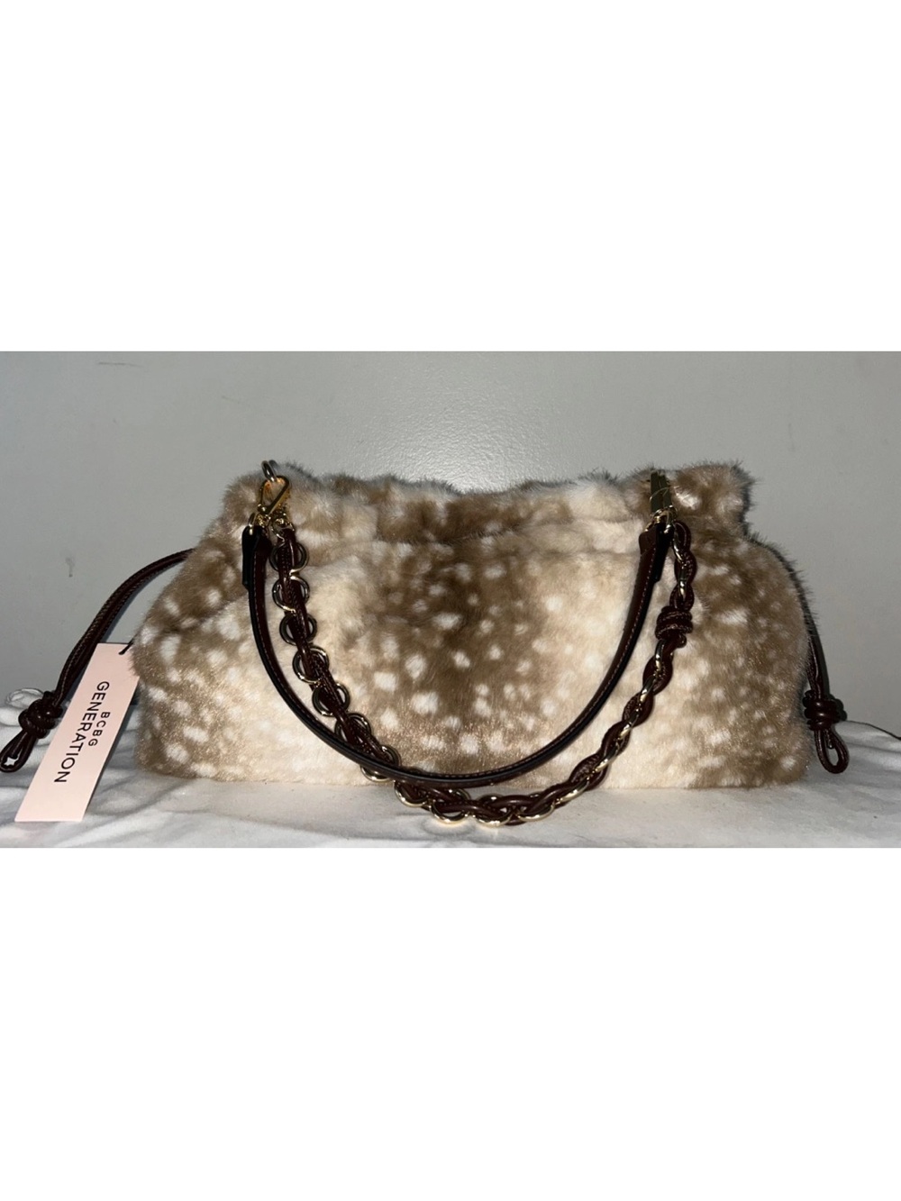 NEW! BCBG Generation Faux Fur Deer Print Shoulder Bag Light Fawn Beige